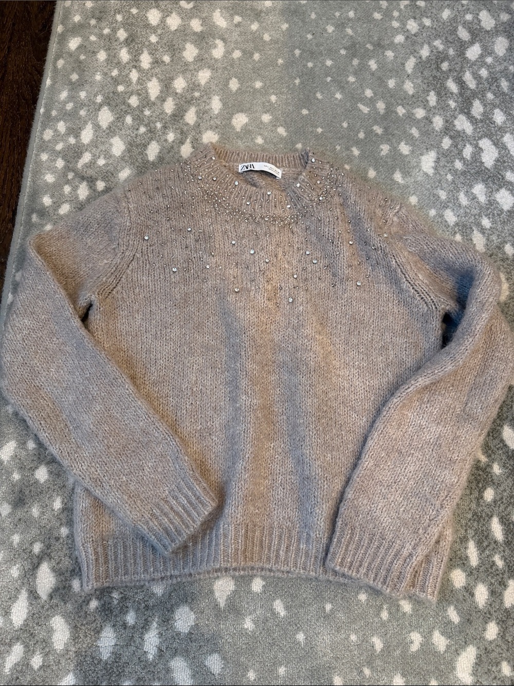 ZARA Beaded Crewneck Sweater in Light Taupe - size large